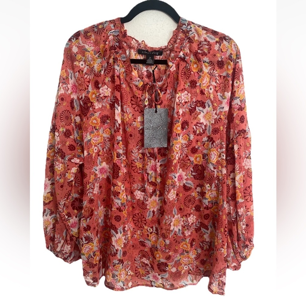 Women’s 3X Sheer Floral Boho Blouse Tie Front Long Sleeve NWT